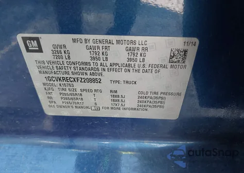 2015 Chevrolet Silverado 1500 1Lt from USA, damaged, VIN 1GCVKRECXFZ208852